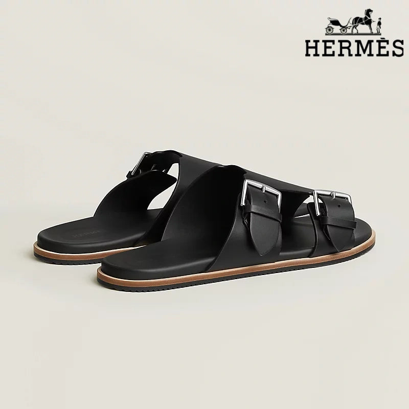 Hermès Beige Suede Slide Sandals with Double Silver Buckles