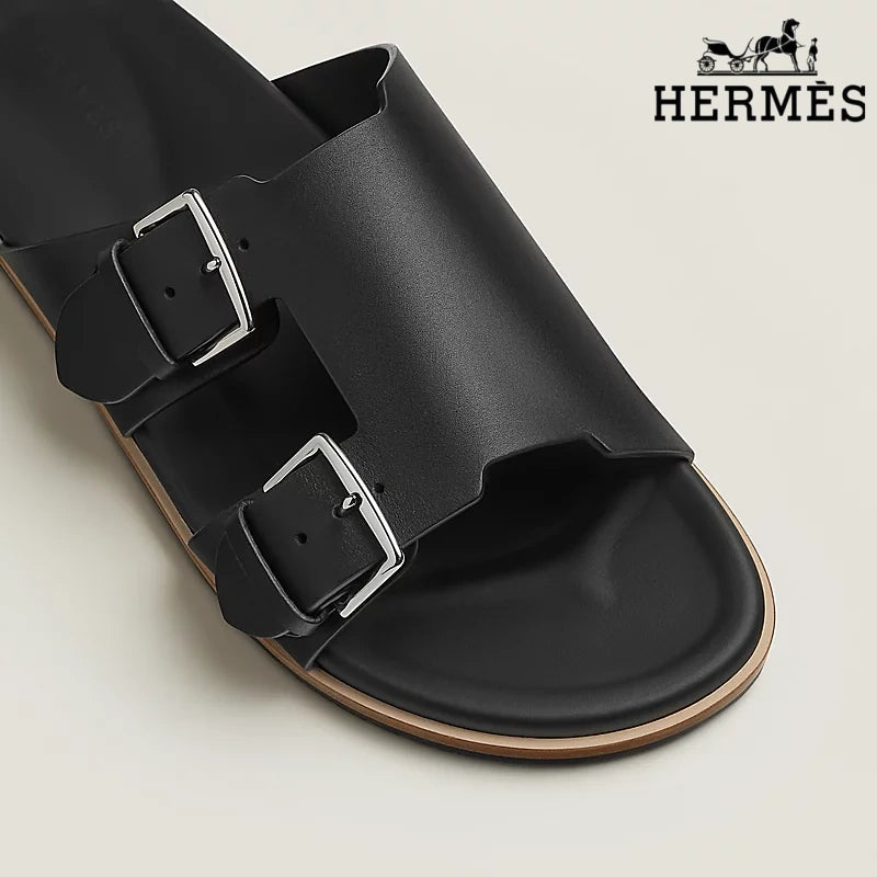 Hermès Beige Suede Slide Sandals with Double Silver Buckles