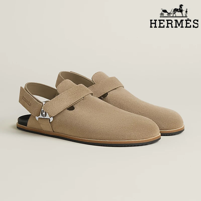 Hermès Light Khaki Suede Slingback Mules with Silver H Turnlock