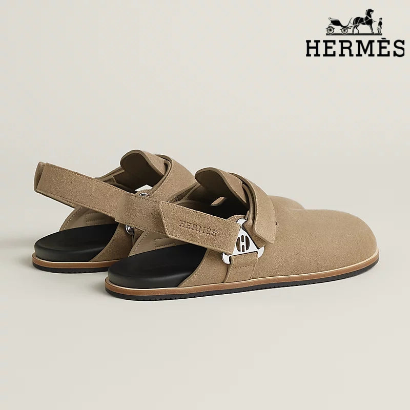 Hermès Light Khaki Suede Slingback Mules with Silver H Turnlock