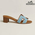 Hermès Light Blue Denim Heeled Slide Sandals with H Cutout