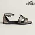 Hermès Metallic Pewter Leather Ankle Strap Sandals with H Cutout