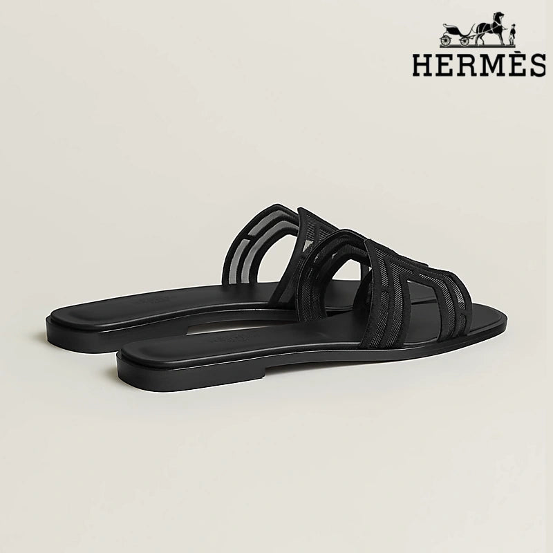Hermès Black Mesh Slide Sandals with H Cutout