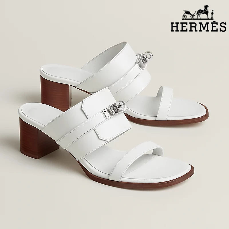 Hermès White Smooth Leather Heeled Slide Sandals with Silver Kelly Buckle