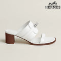 Hermès White Smooth Leather Heeled Slide Sandals with Silver Kelly Buckle