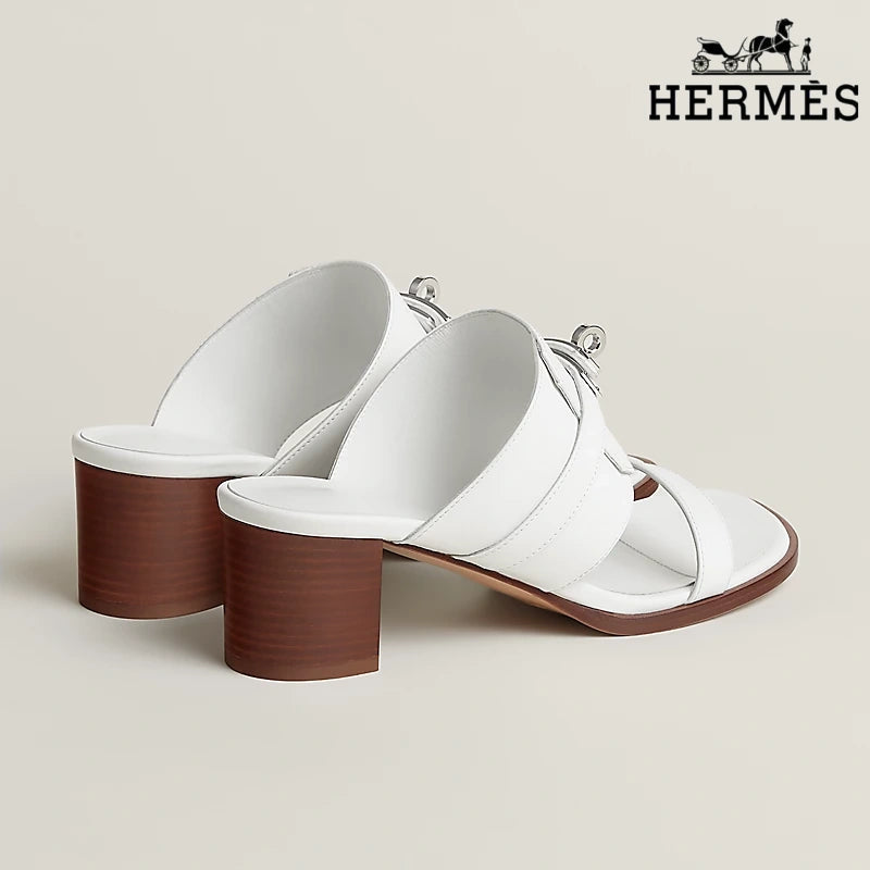 Hermès White Smooth Leather Heeled Slide Sandals with Silver Kelly Buckle