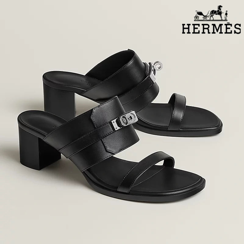 Hermès Black Smooth Leather Heeled Slide Sandals with Silver Kelly Buckle