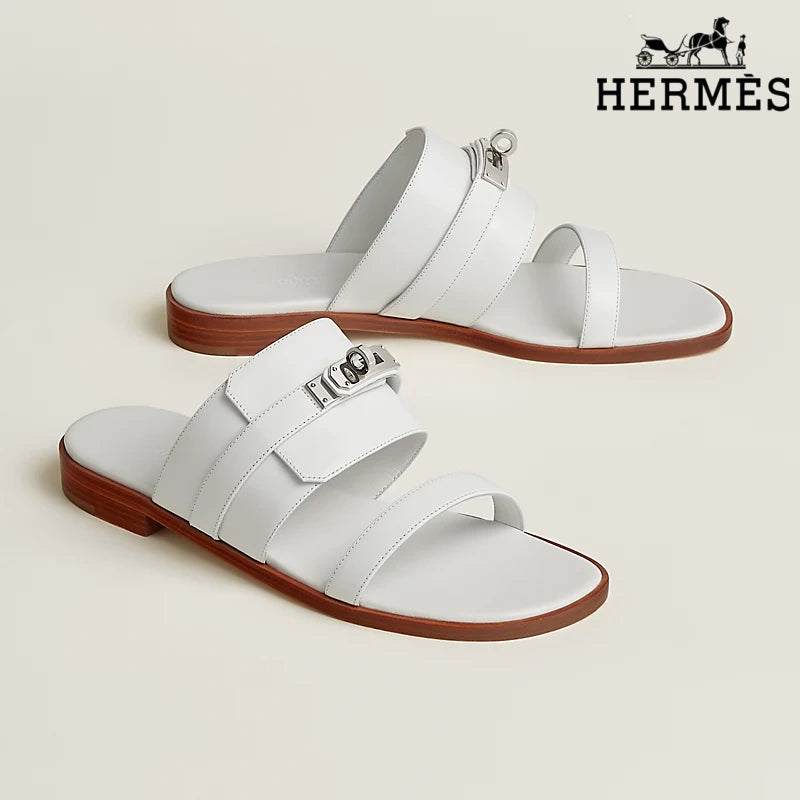 Hermès White Smooth Leather Slide Sandals with Silver Kelly Buckle