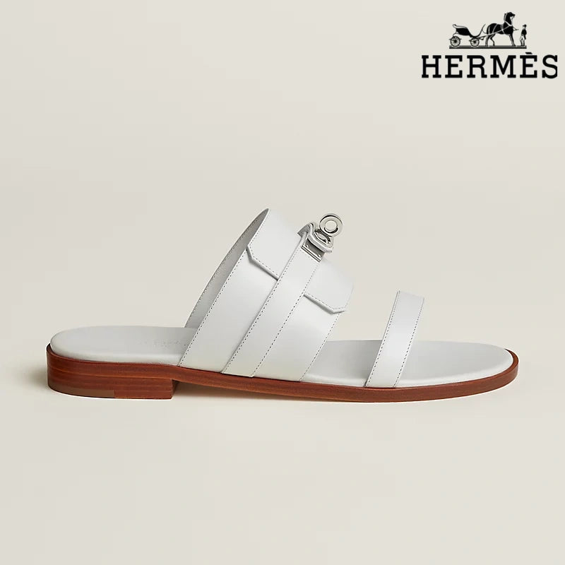 Hermès White Smooth Leather Slide Sandals with Silver Kelly Buckle