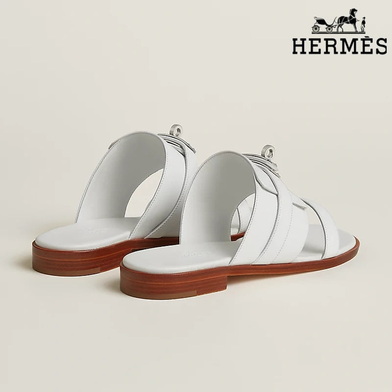 Hermès White Smooth Leather Slide Sandals with Silver Kelly Buckle