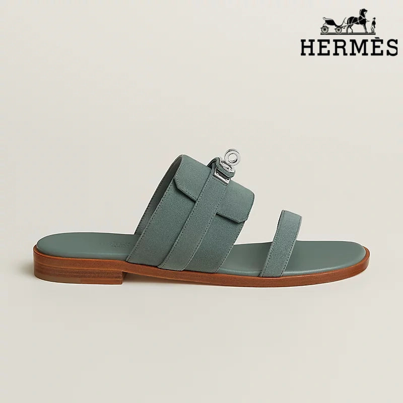 Hermès Sage Green Suede Slide Sandals with Silver Kelly Buckle