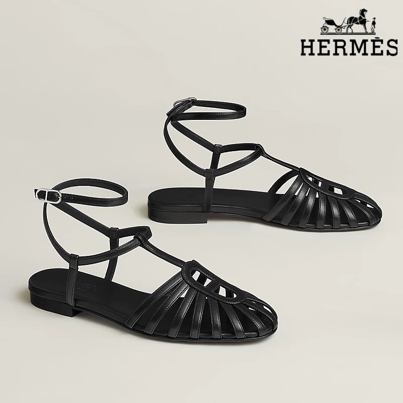 Hermès Black Leather Ankle Strap Cage Sandals