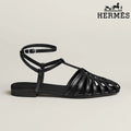 Hermès Black Leather Ankle Strap Cage Sandals