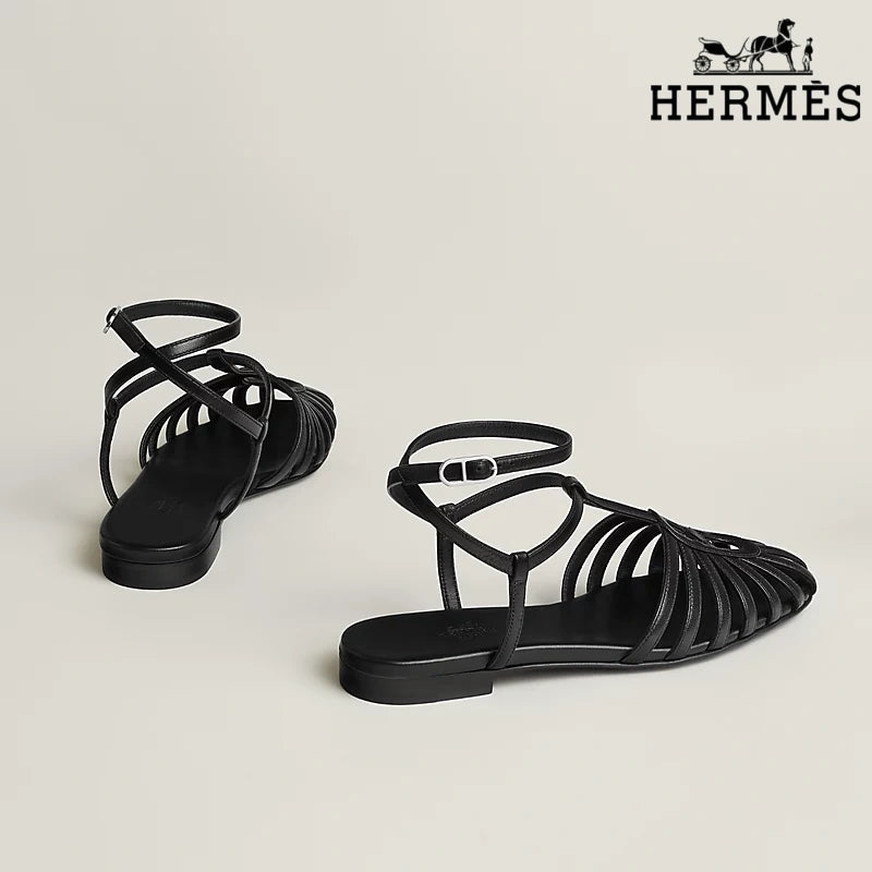 Hermès Black Leather Ankle Strap Cage Sandals