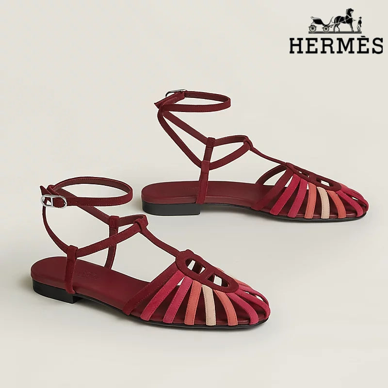 Hermès Multicolor Red Suede Ankle Strap Cage Sandals