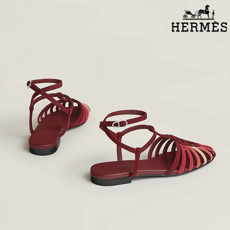 Hermès Multicolor Red Suede Ankle Strap Cage Sandals