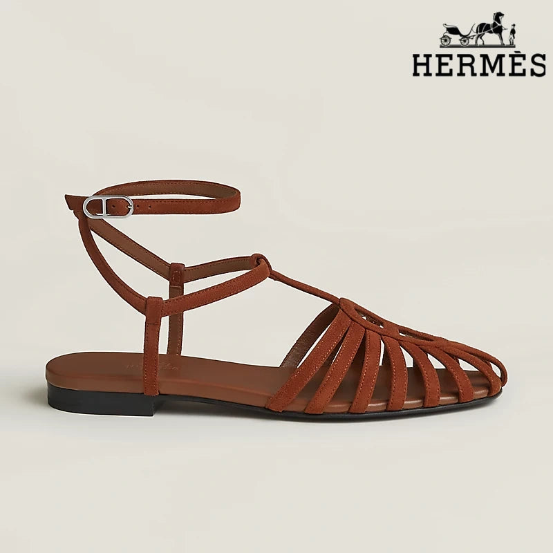 Hermès Cognac Brown Suede Ankle Strap Cage Sandals
