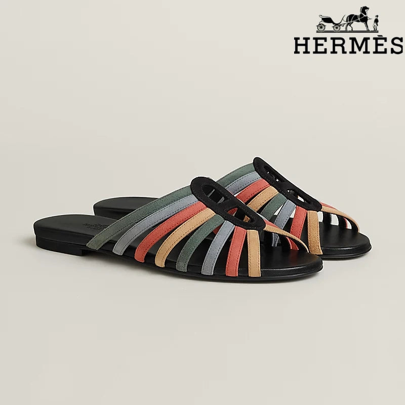 Hermès Multicolor Suede Flat Slide Sandals
