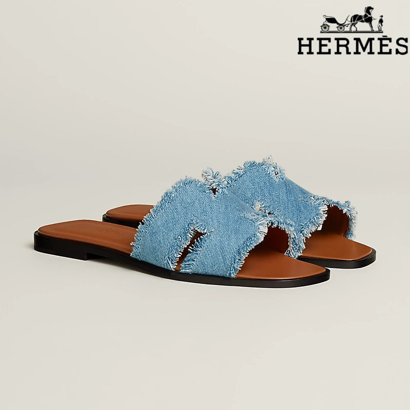 Hermès Oran Blue Denim Fringe Slide Sandals