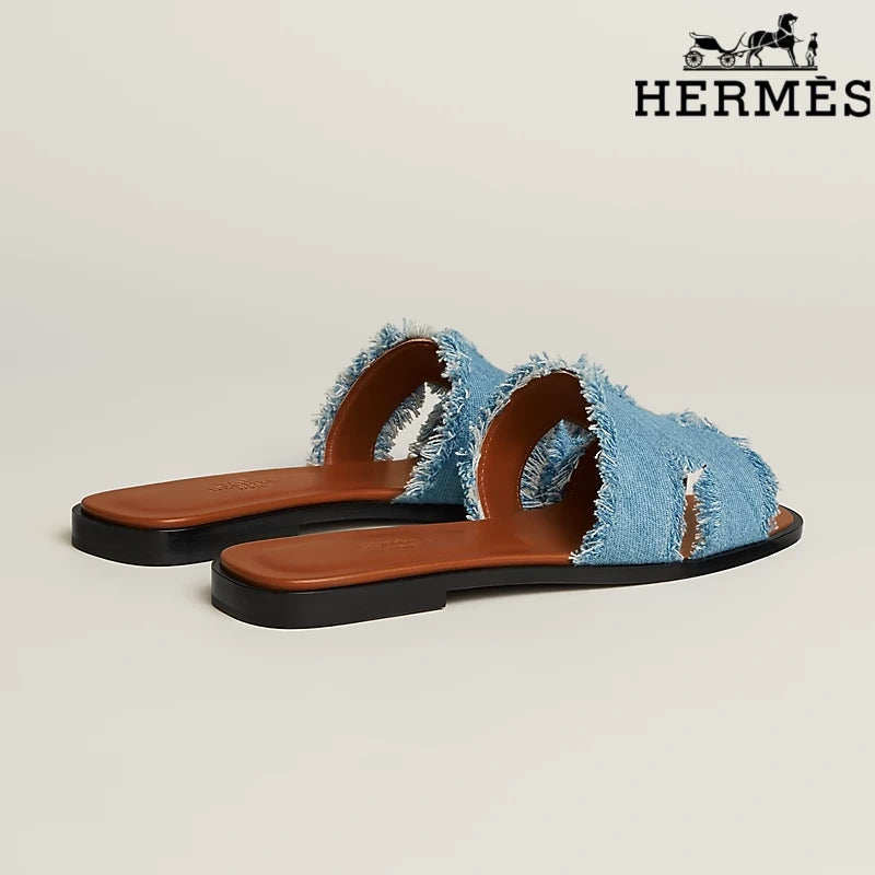 Hermès Oran Blue Denim Fringe Slide Sandals