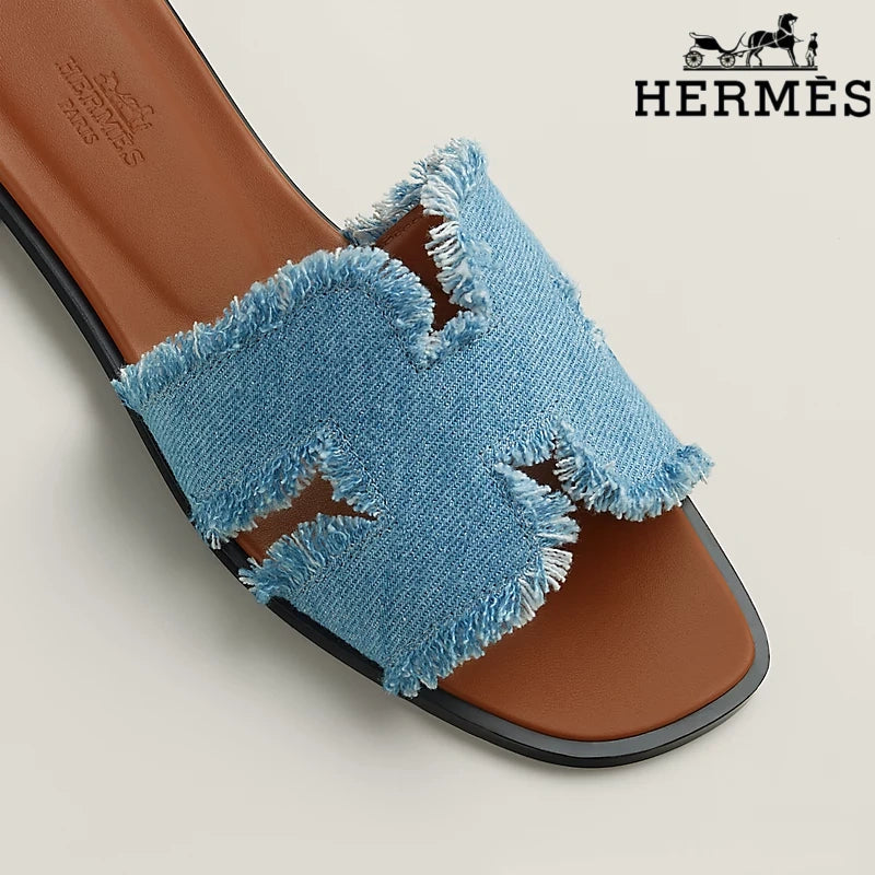 Hermès Oran Blue Denim Fringe Slide Sandals