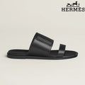 Hermès Black Calfskin Two-Strap Flat Slide Sandals
