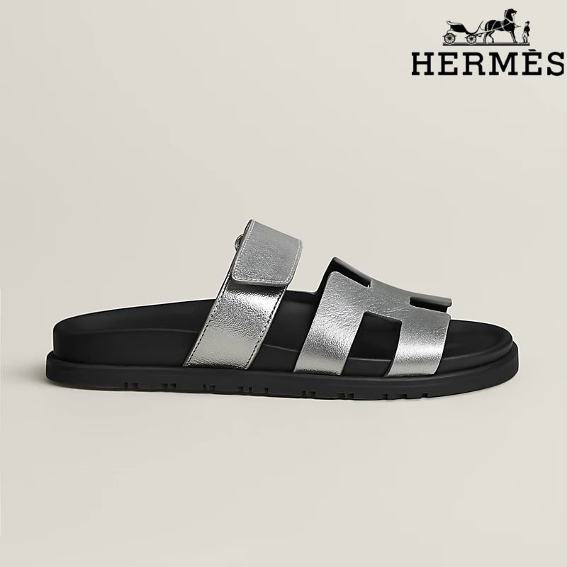 Hermès Silver Metallic Leather H Cutout Slide Sandals