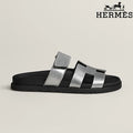 Hermès Silver Metallic Leather H Cutout Slide Sandals