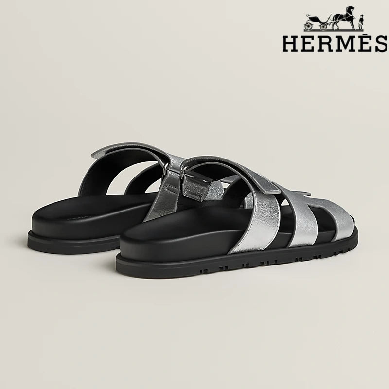 Hermès Silver Metallic Leather H Cutout Slide Sandals