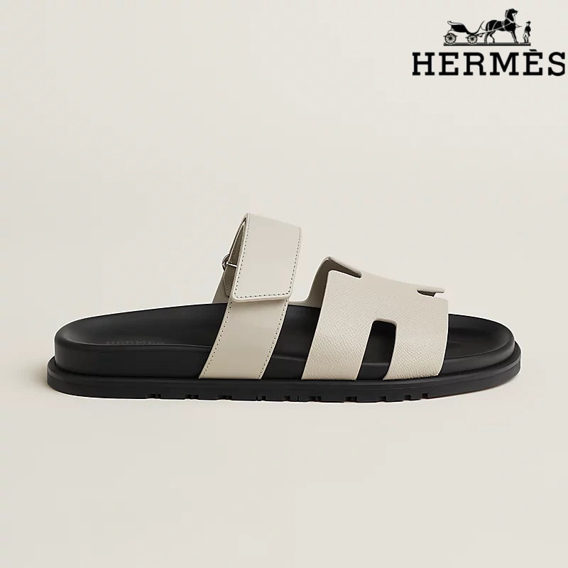 Hermès Cream Leather H Cutout Double-Strap Slide Sandals