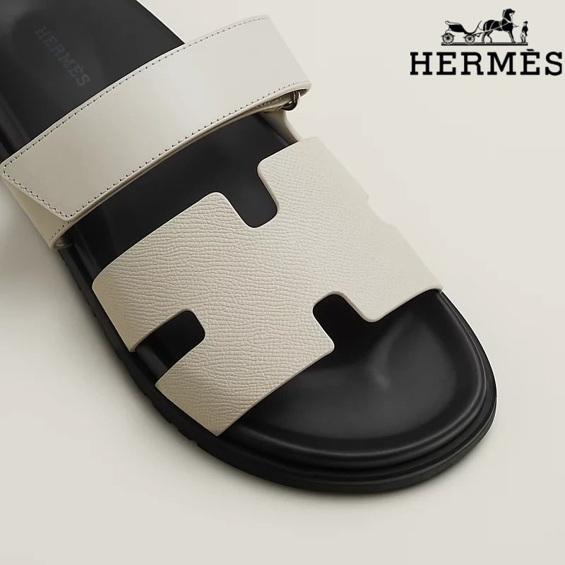 Hermès Cream Leather H Cutout Double-Strap Slide Sandals