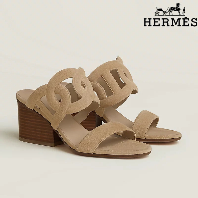 Hermès Beige Suede Cutout Wedge Slide Sandals
