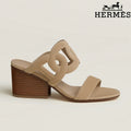Hermès Beige Suede Cutout Wedge Slide Sandals