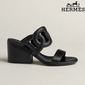 Hermès Black Calfskin Cutout Block Heel Slide Sandals