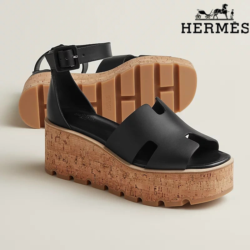 Hermès Black Calfskin H Cutout Platform Wedge Sandals