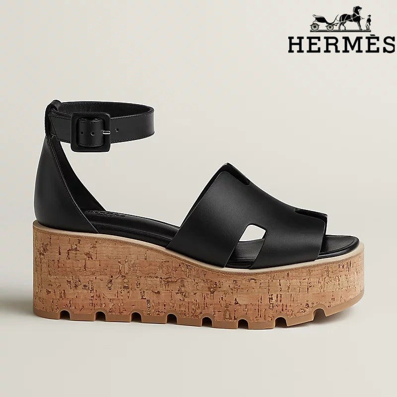 Hermès Black Calfskin H Cutout Platform Wedge Sandals