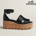 Hermès Black Calfskin H Cutout Platform Wedge Sandals