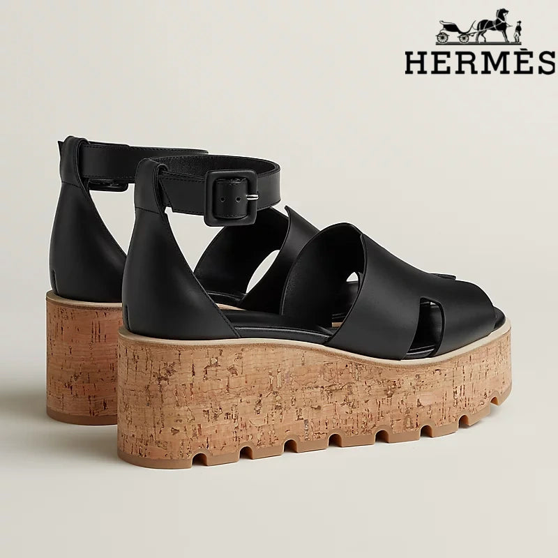 Hermès Black Calfskin H Cutout Platform Wedge Sandals