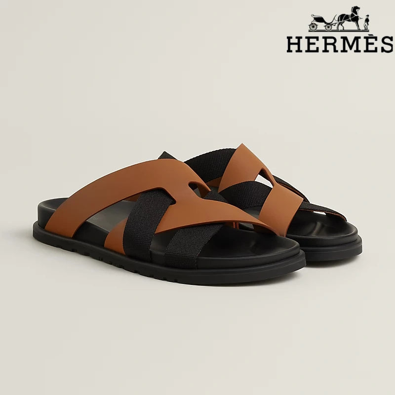 Hermès Tan Leather and Black Webbing Cross-Strap Slide Sandals