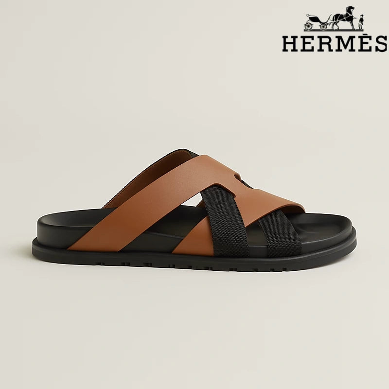 Hermès Tan Leather and Black Webbing Cross-Strap Slide Sandals