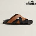 Hermès Tan Leather and Black Webbing Cross-Strap Slide Sandals