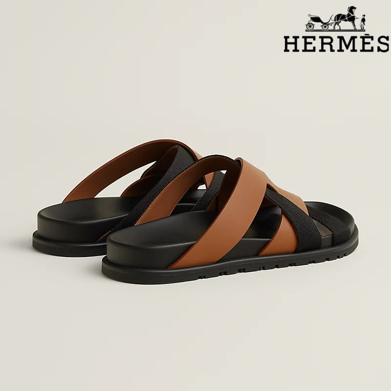 Hermès Tan Leather and Black Webbing Cross-Strap Slide Sandals