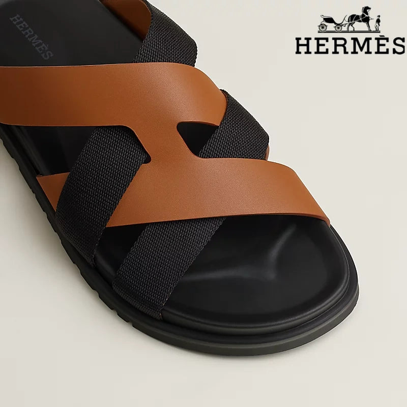 Hermès Tan Leather and Black Webbing Cross-Strap Slide Sandals