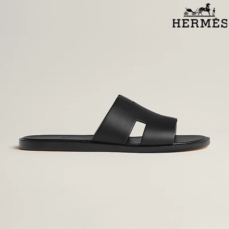Hermès Black Leather Oran Slide Sandals
