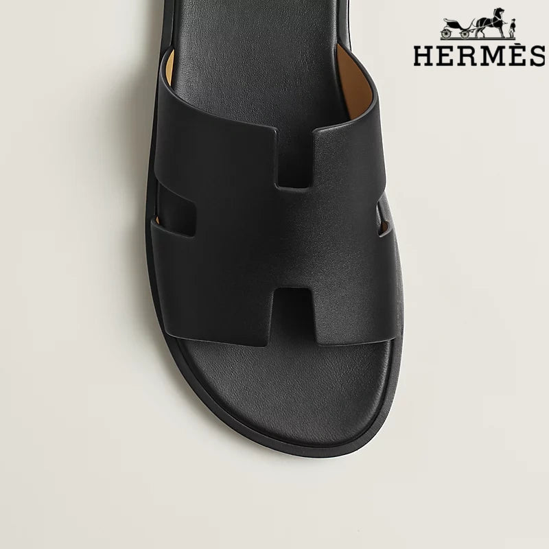 Hermès Black Leather Oran Slide Sandals