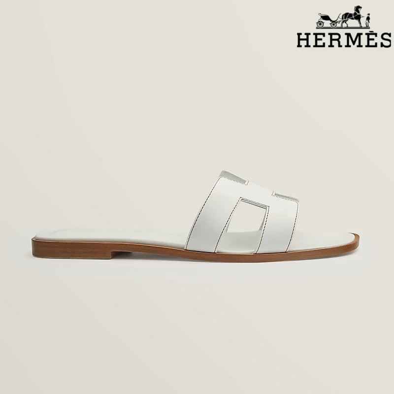 Hermès White Leather Oran Slide Sandals