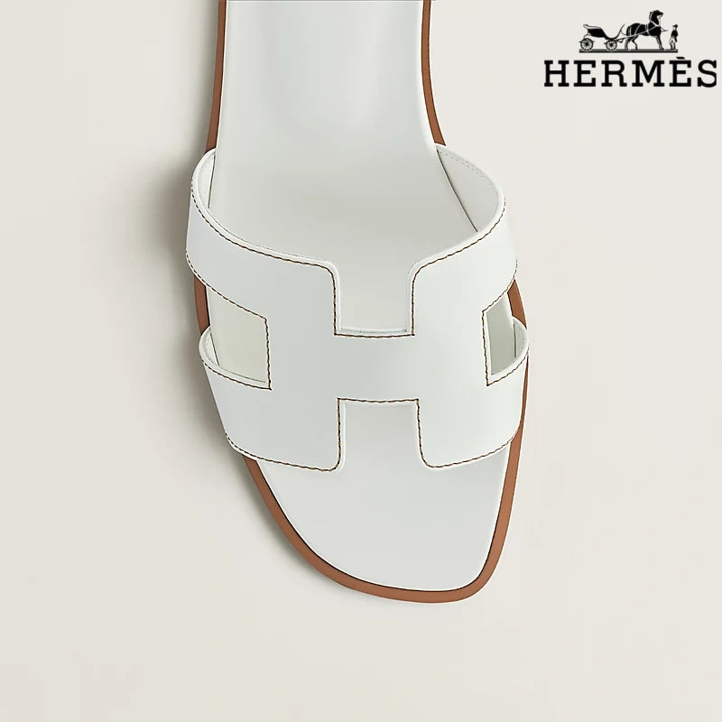 Hermès White Leather Oran Slide Sandals