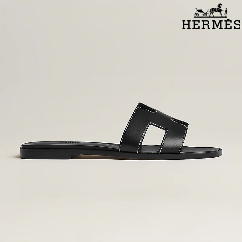 Hermès Black Leather Oran Slide Sandals