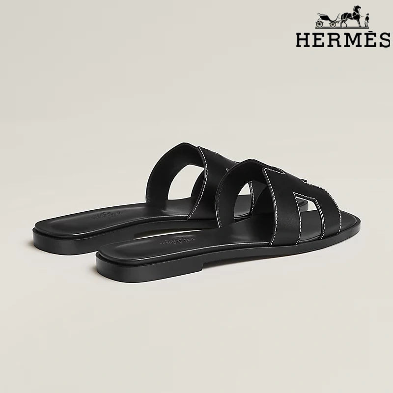 Hermès Black Leather Oran Slide Sandals