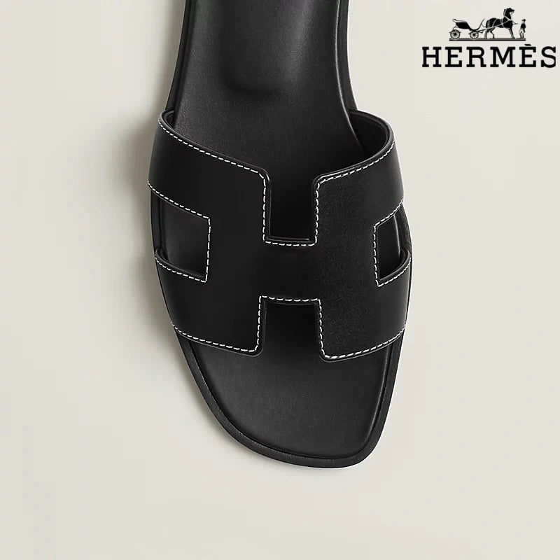 Hermès Black Leather Oran Slide Sandals